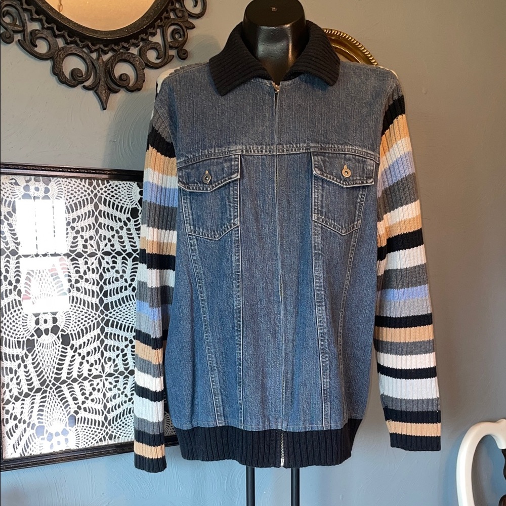 Marsh Landing Blue Denim Jean Jacket with Striped Knit Sleeves